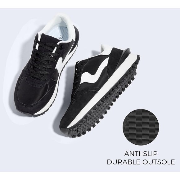 Lucky Step Women Black Tennis Retro Walking Casual Trainer Stylish Durable Shoes - Picture 2 of 9